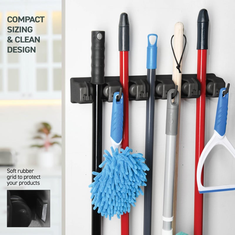 Home-it 2 Pack Mop and Broom Holder Wall Mount - Garage Storage Organizer with 5 Slots  6 Hooks  7.5lbs Capacity Per Slot - Home  Kitchen  Closet  Laundry Room Organization - Black Broom Hanger - Image 4